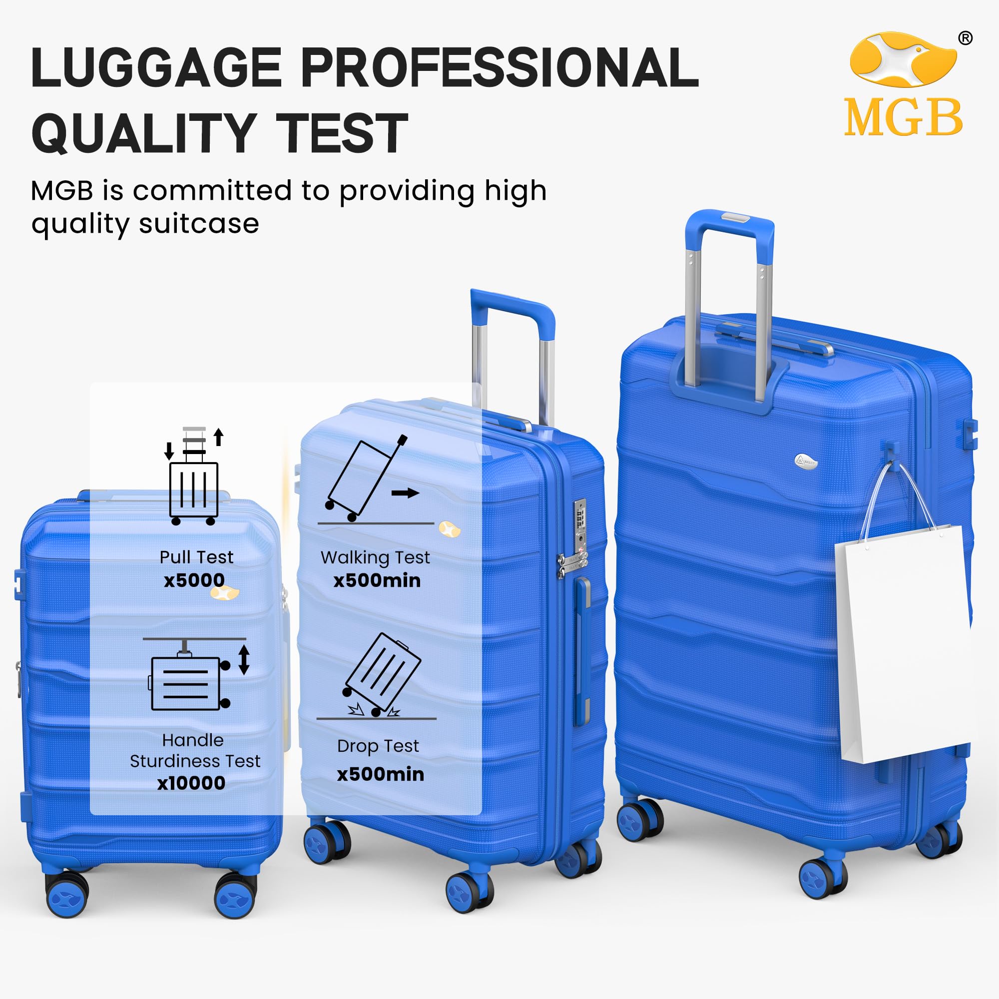 Blue suitcases with testing icons and MGB logo on a white background
