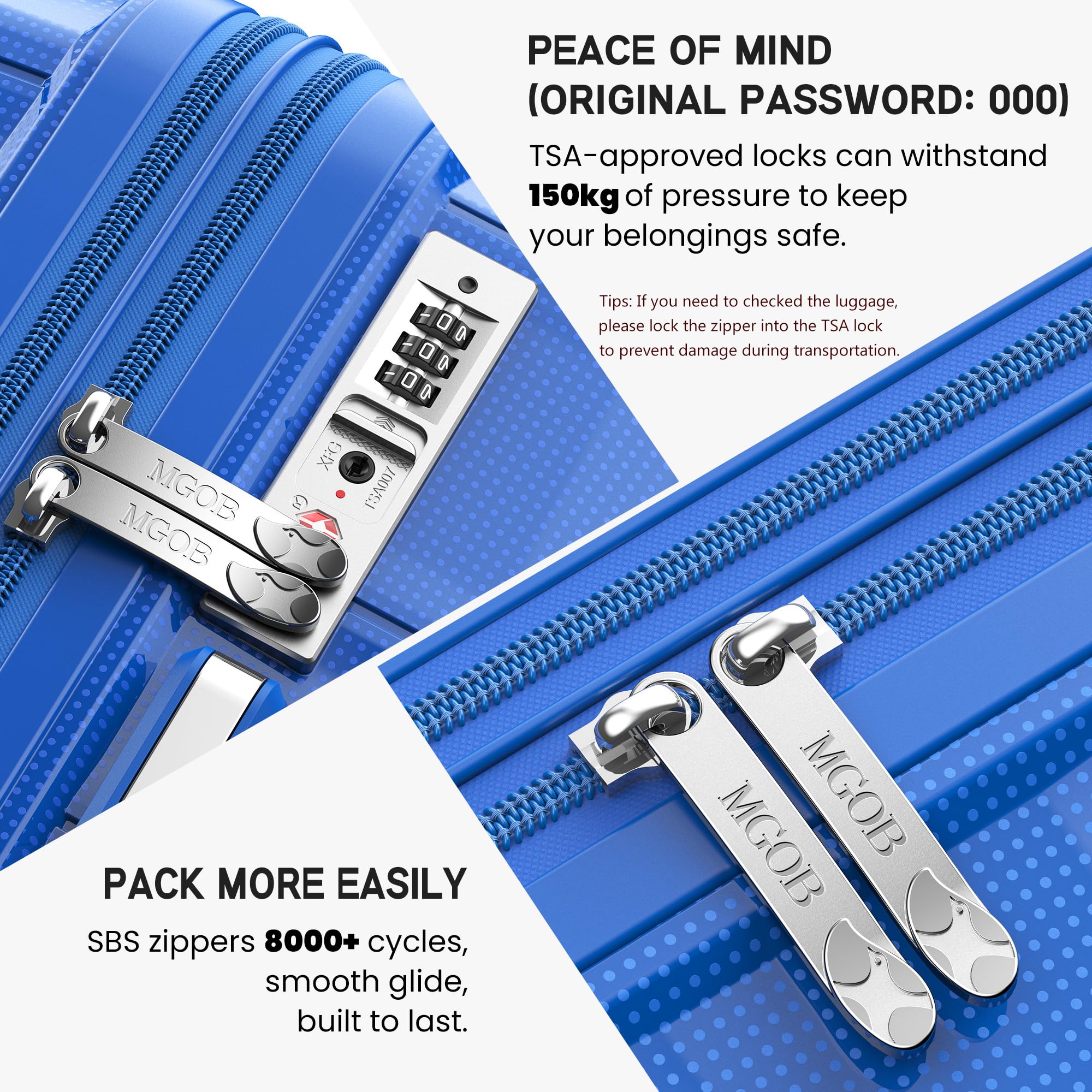 Blue suitcase with TSA-approved lock and SBS zippers, featuring text about security and ease of use.