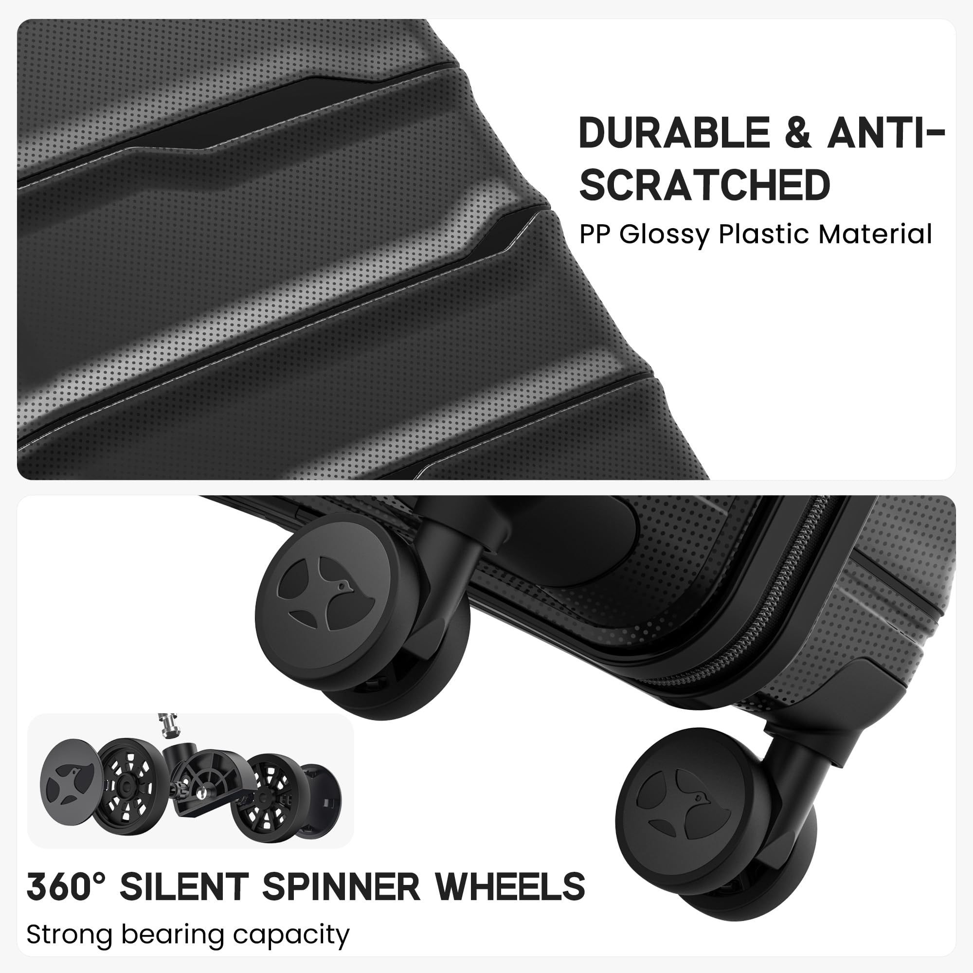 Black suitcase with durable material and 360-degree silent spinner wheels on a white background.