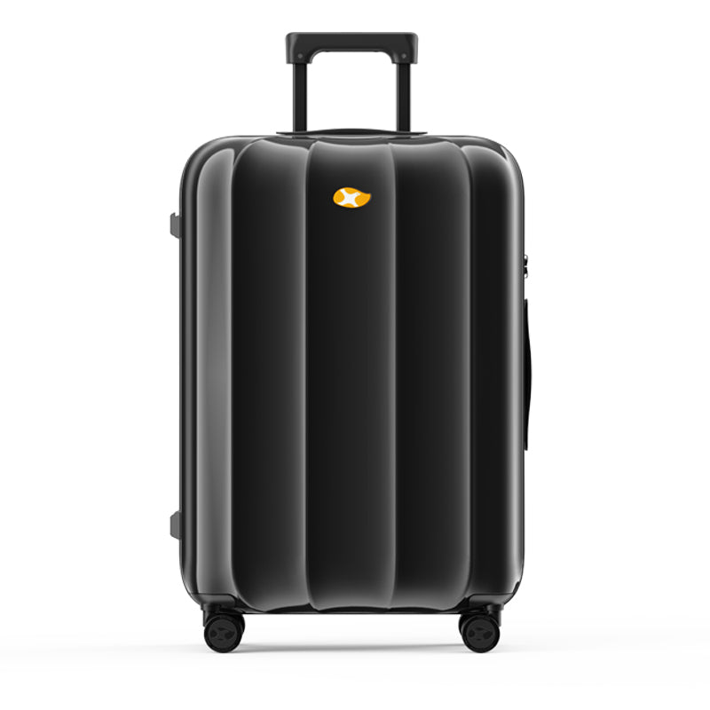 Black suitcase with a visible brand logo on a white background