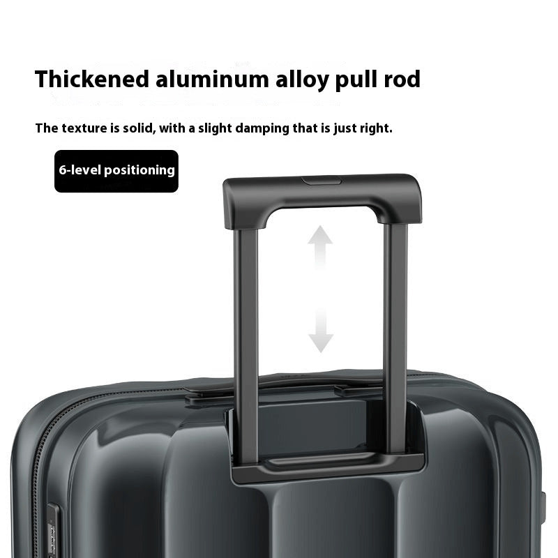Black suitcase with a thickened aluminum alloy pull rod on a white background