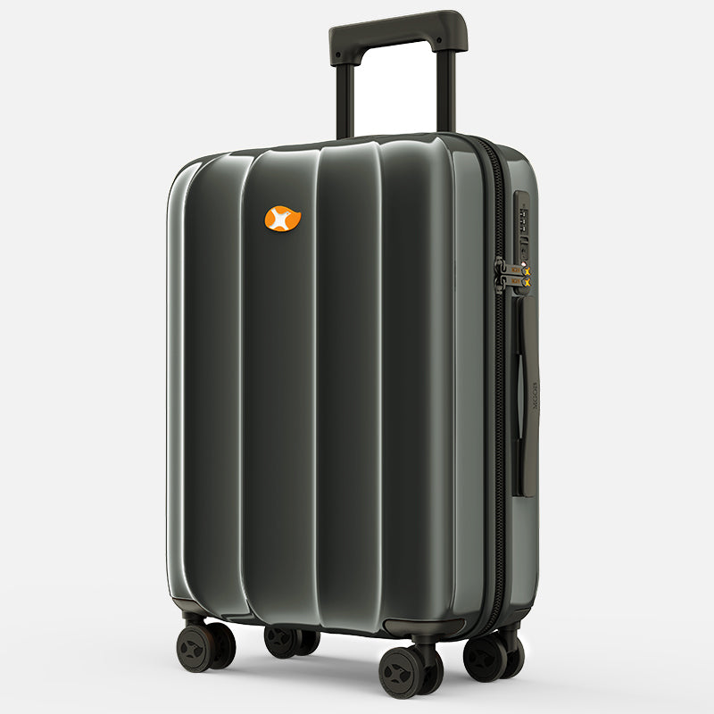 Black suitcase with a visible brand logo on a white background