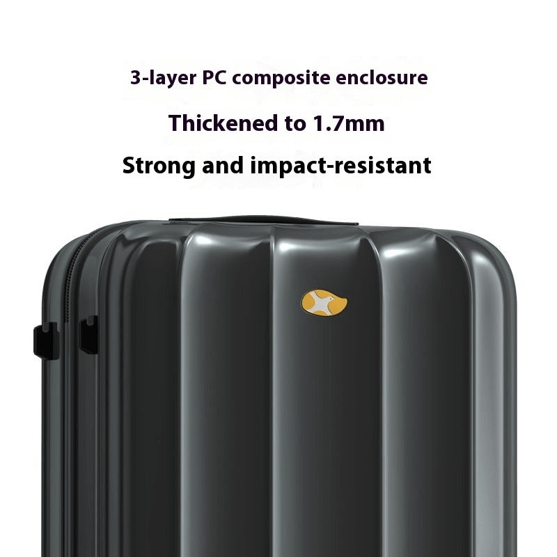 Black suitcase with a gold logo on a white background, featuring text about its 3-layer PC composite enclosure.