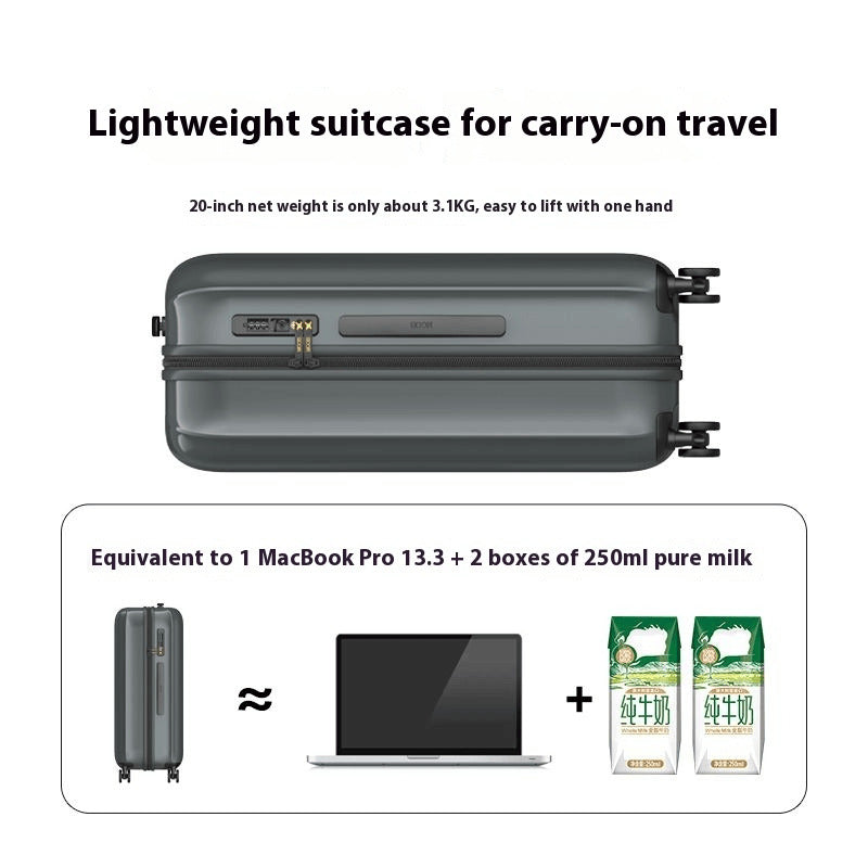 Lightweight suitcase for carry-on travel with weight and capacity information.