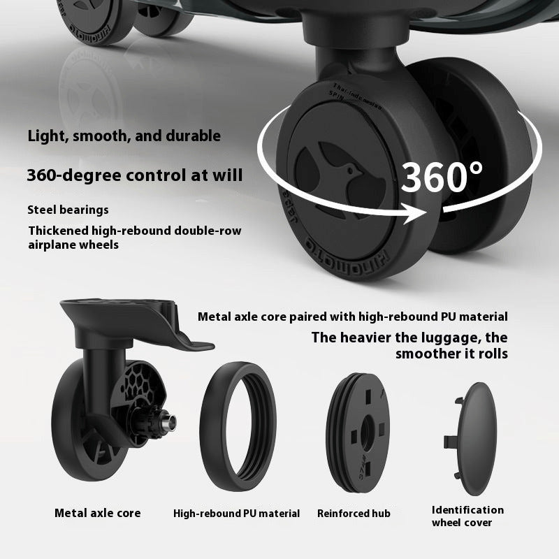 Detailed view of luggage wheels with text describing features on a light gray background