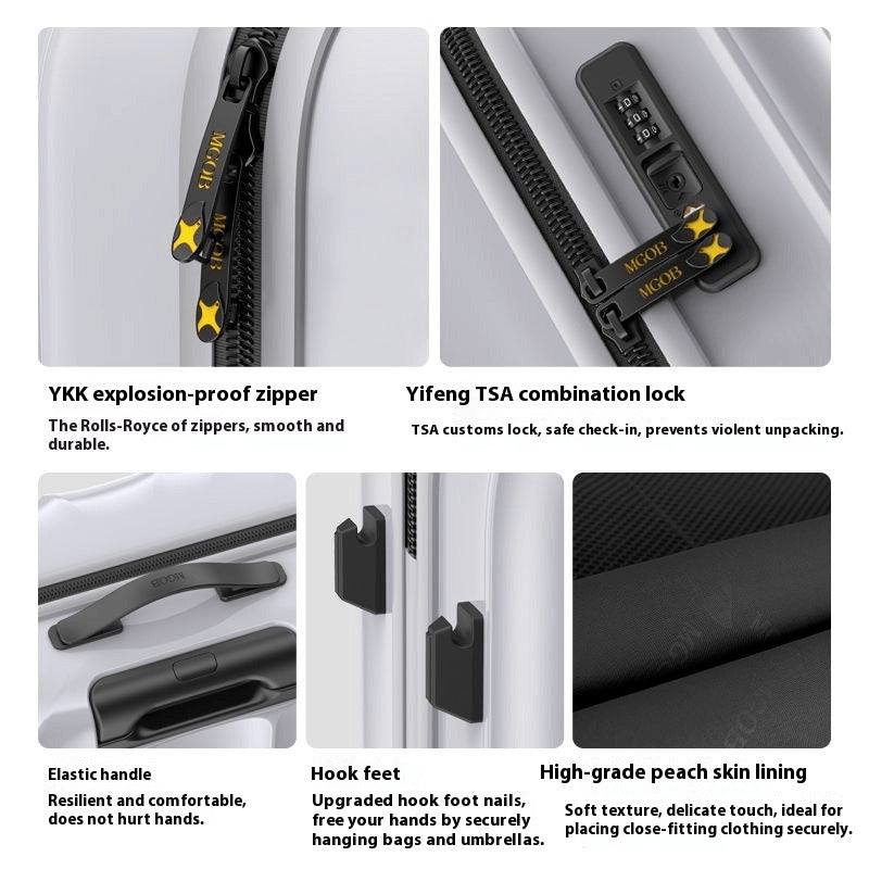 Luggage features including YKK zipper, TSA lock, handle design, hook feet, and lining material.