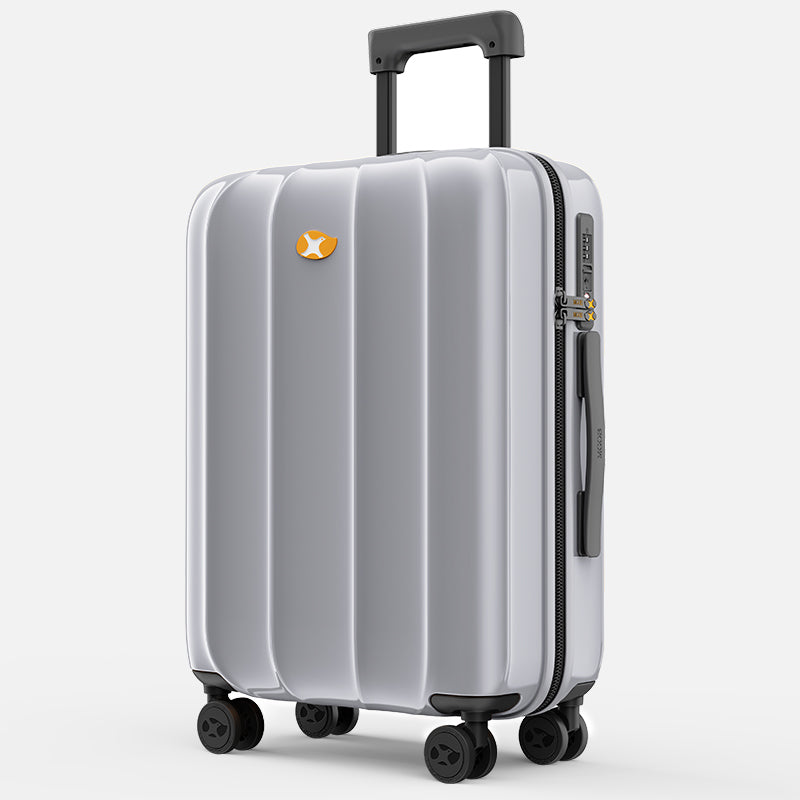 Silver suitcase with a handle and wheels on a white background
