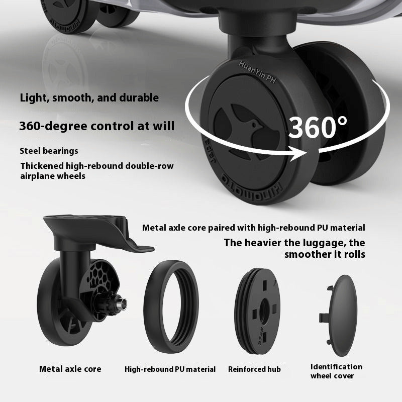 Detailed view of a luggage wheel with labeled components and text on a light gray background.