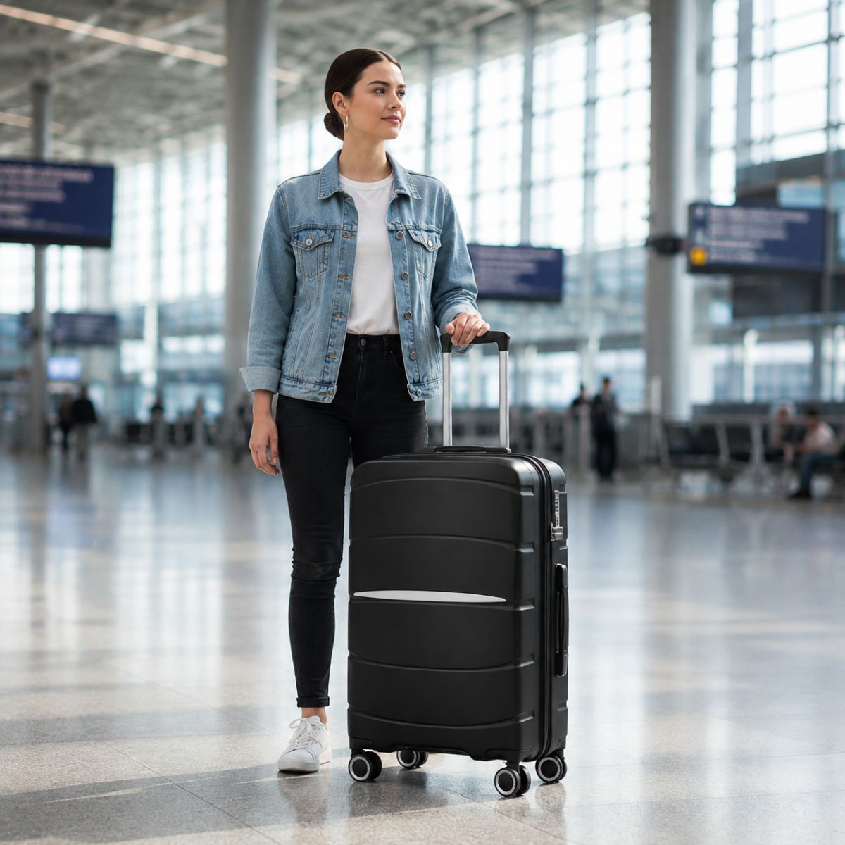 Traveller wheeling a Black Fortiva 55cm carry-on suitcase through an airport