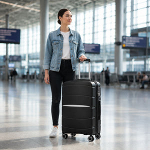 Traveller wheeling a Black Fortiva 55cm carry-on suitcase through an airport