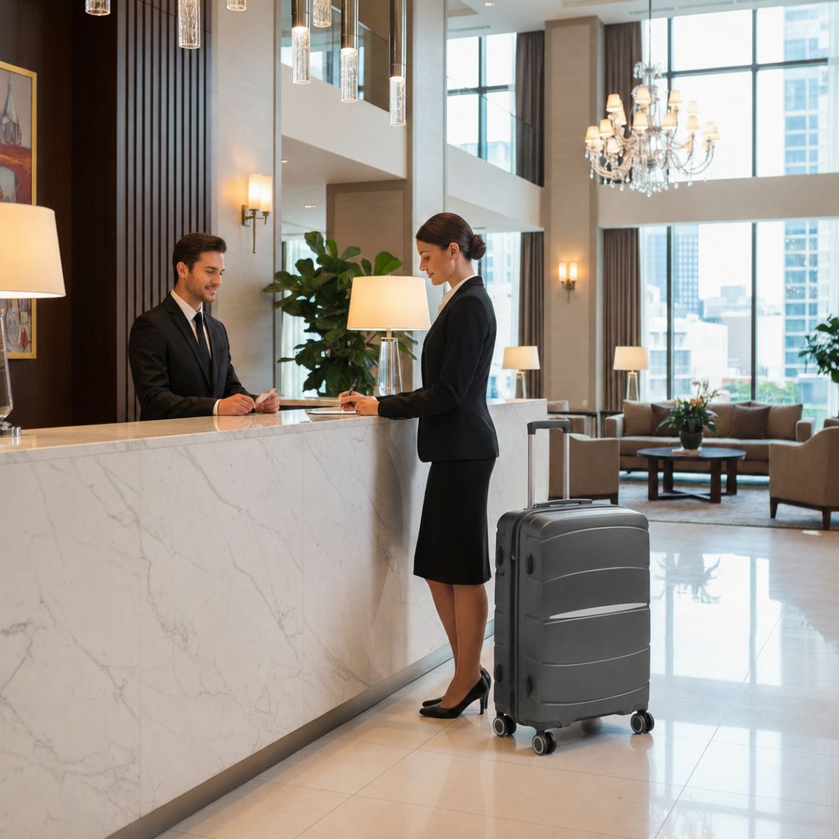 Black Fortiva 55cm carry-on suitcase at a hotel lobby check-in