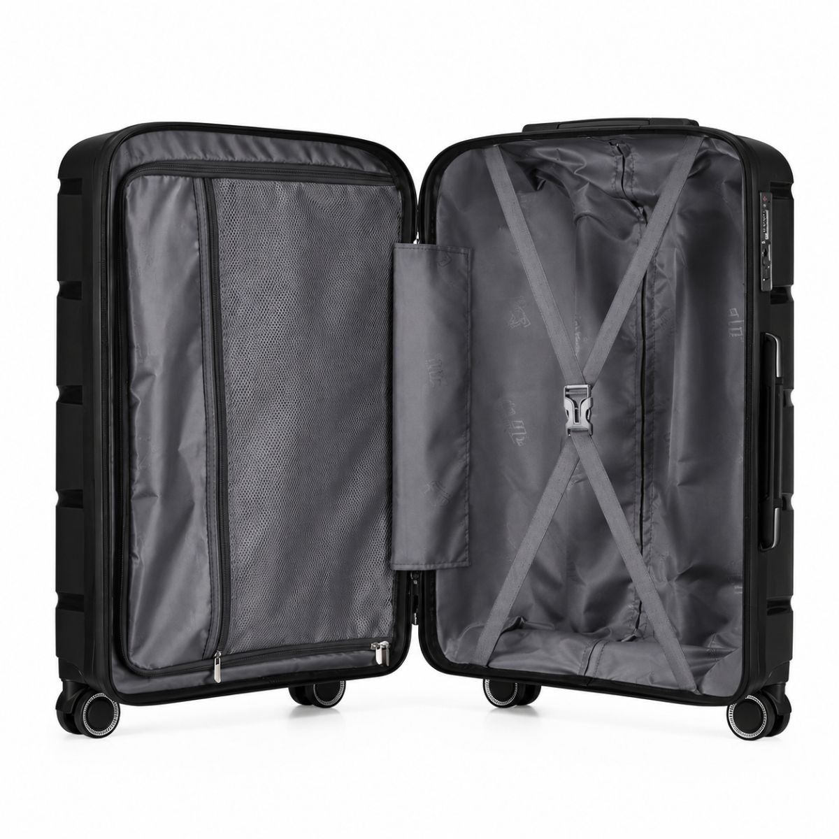 Fortiva 55cm carry-on suitcase open view showing lined interior with divider and cross straps