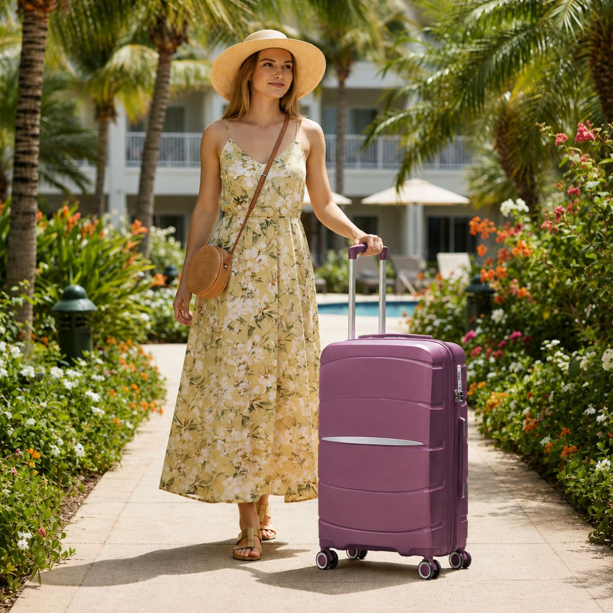 Traveller with a Purple Fortiva 55cm carry-on suitcase at a resort