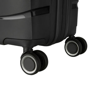 Close-up of Fortiva carry-on suitcase dual spinner wheels