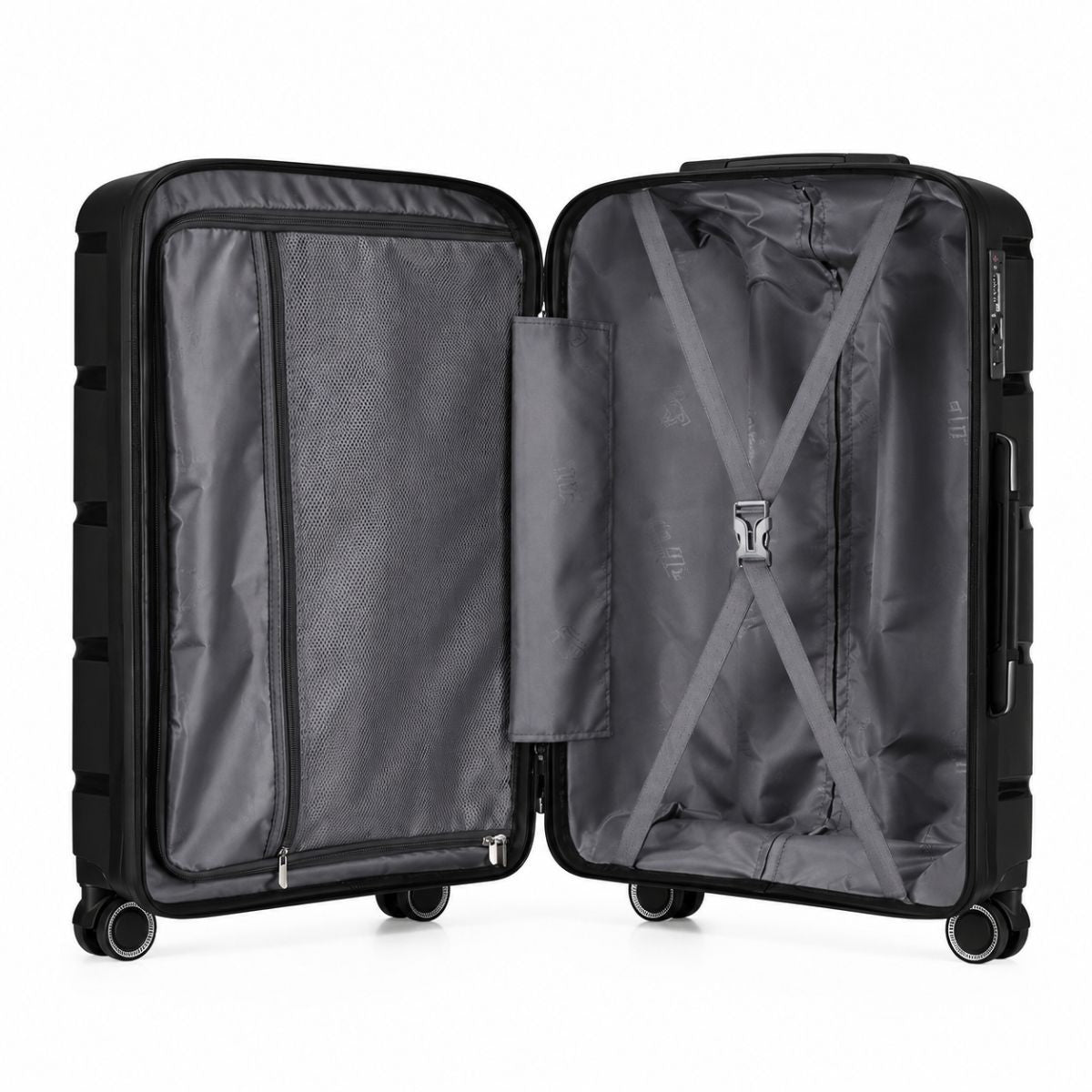 Fortiva 65cm medium check-in suitcase — open interior with divider and cross straps
