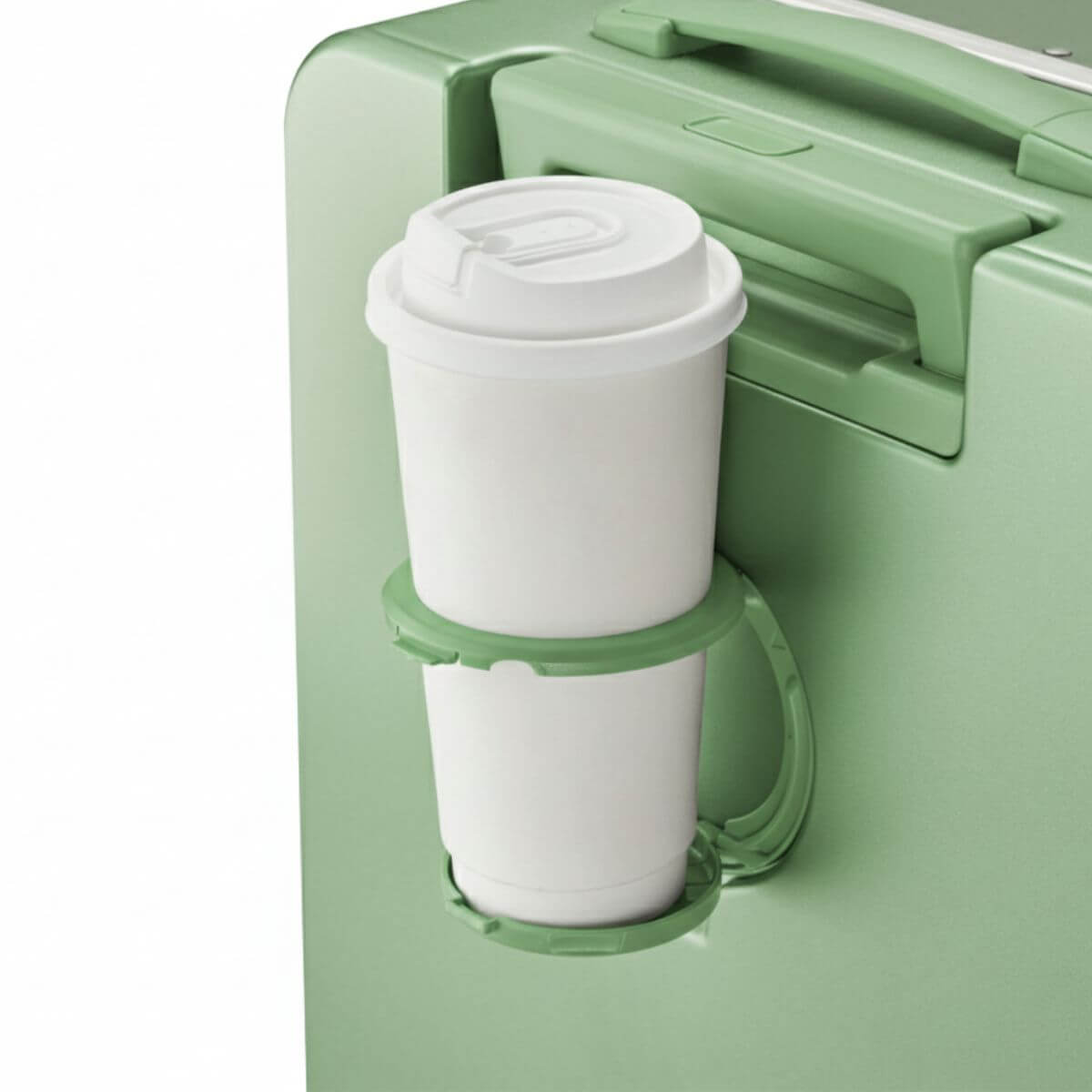 Built-in cup holder feature on Nordiva Classic Mint Green suitcase – convenient travel luggage design for modern travellers.