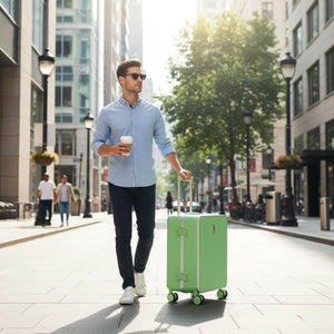 Man walking with Nordiva Classic Mint Green suitcase at tropical resort – lightweight luxury hard shell luggage for travel.