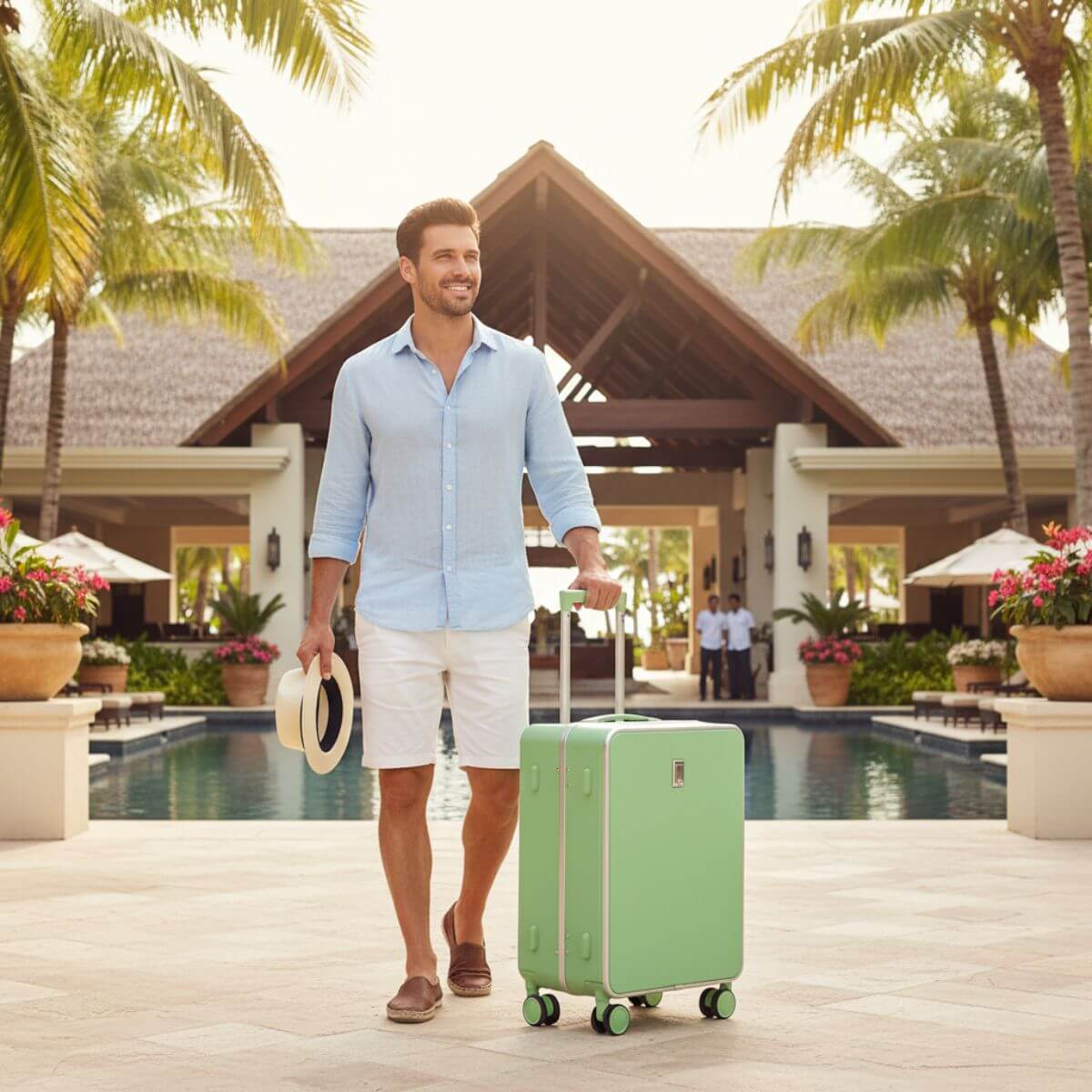 Man carrying coffee and Nordiva Classic Mint Green suitcase on city street – modern travel luggage for NZ urban explorers.