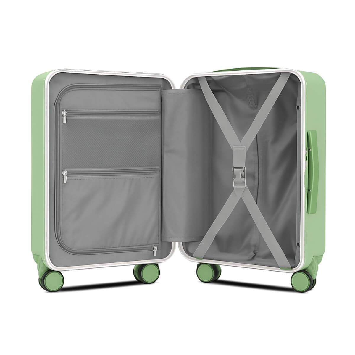 Interior of Nordiva Classic Mint Green hard shell suitcase – double-sided compartments with mesh pockets and straps.