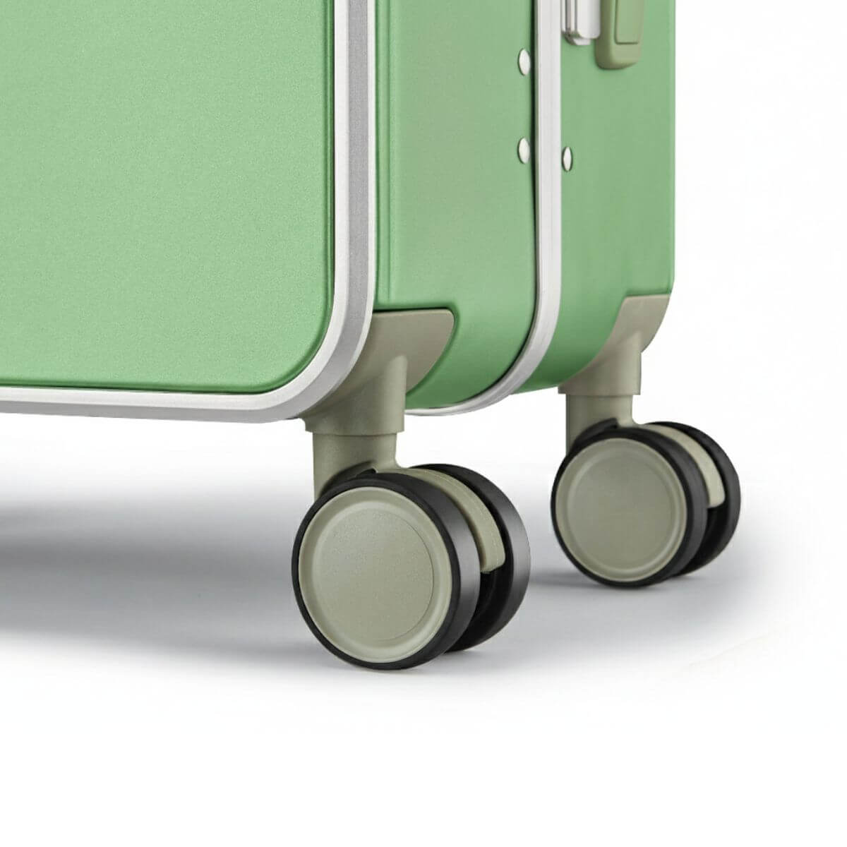 Silent 360° spinner wheels of Nordiva Classic Mint Green suitcase – smooth rolling hard shell luggage for urban travel.