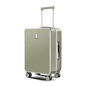 Angled view of Nordiva Classic Titanium Silver suitcase – minimalist hard shell travel luggage with spinner wheels.