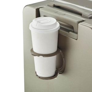 Built-in cup holder on Nordiva Classic Titanium Silver suitcase – smart travel luggage for comfort on the go.