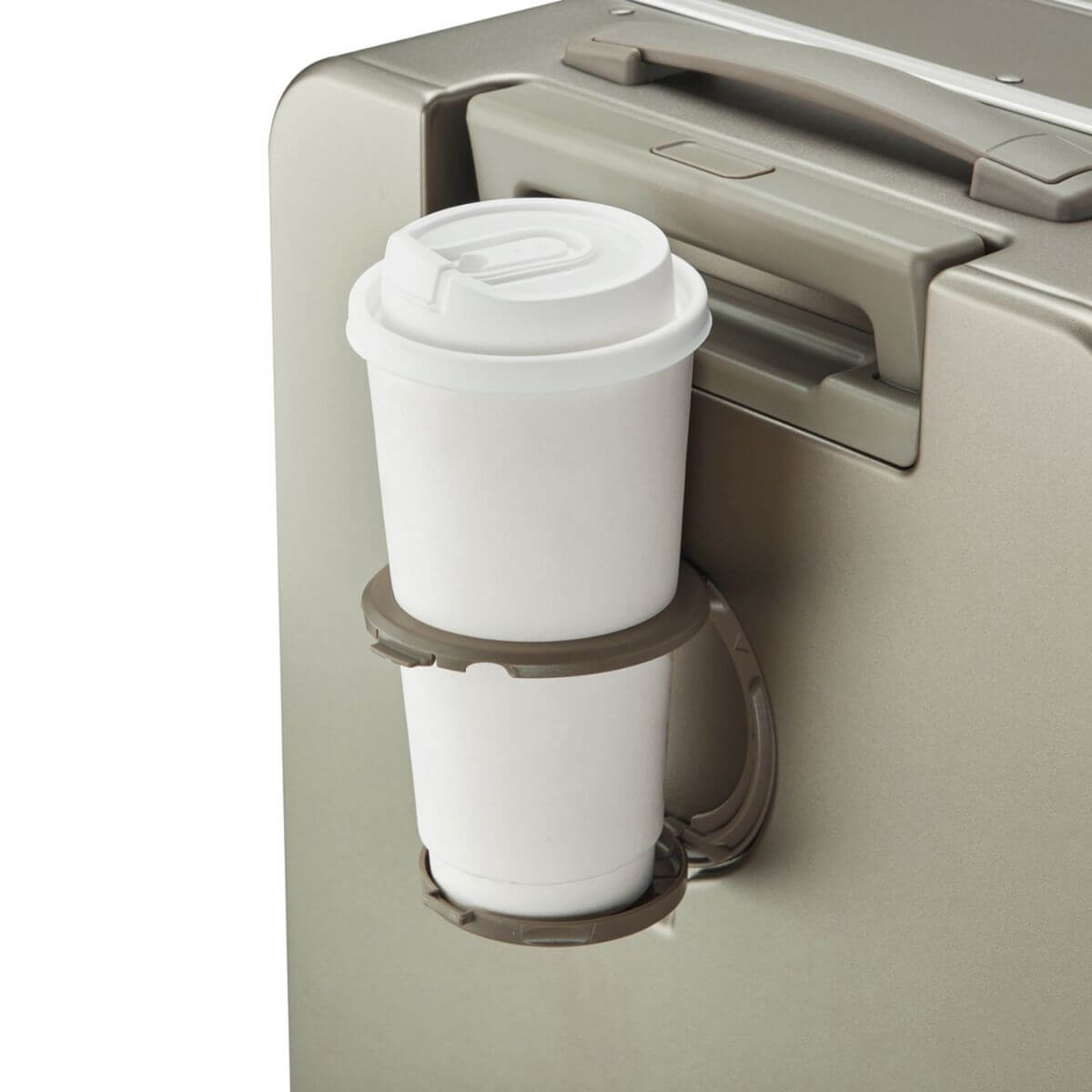 Built-in cup holder on Nordiva Classic Titanium Silver suitcase – smart travel luggage for comfort on the go.