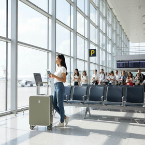 Traveller with Nordiva Classic Titanium Silver suitcase at airport terminal – premium hard shell luggage for NZ flights.