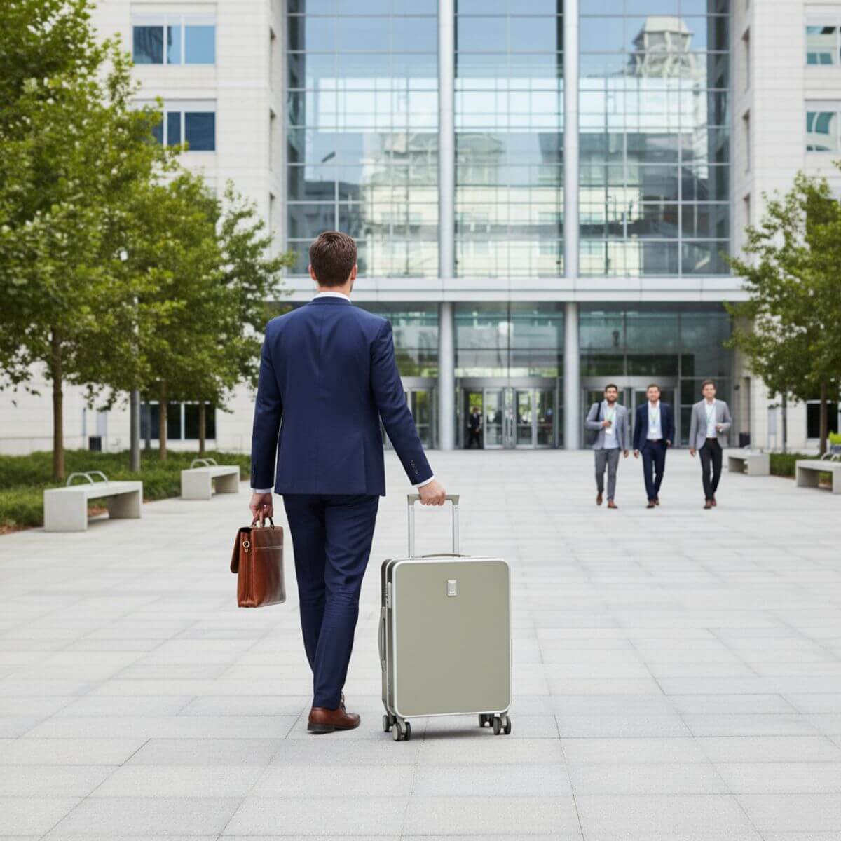 Business traveller with Nordiva Classic Titanium Silver suitcase entering office building – stylish travel luggage for work.