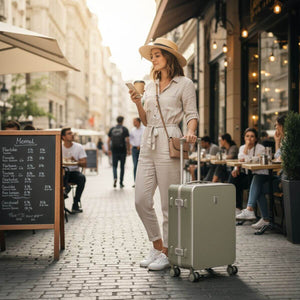 Woman with coffee holding Nordiva Classic Titanium Silver suitcase in city street – elegant hard shell luggage for travel.