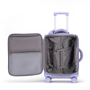 Urbaneo 76cm softside large check in suitcase open, showing 1:9 layout with organiser lid and deep main compartment